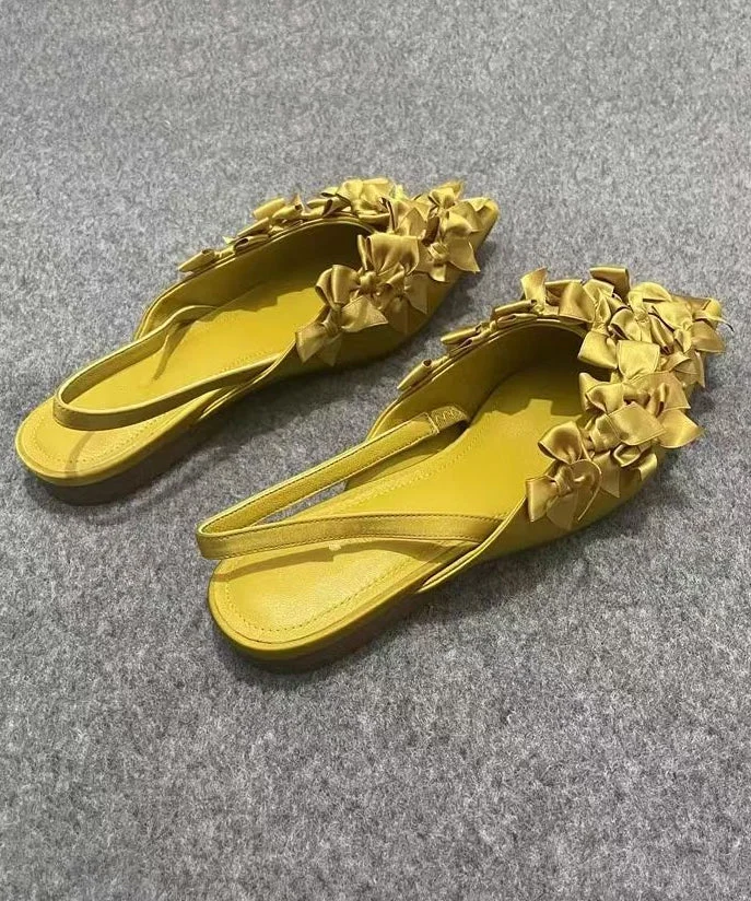 Women's Party Yellow Bow Pointed Toe Flat Sandals