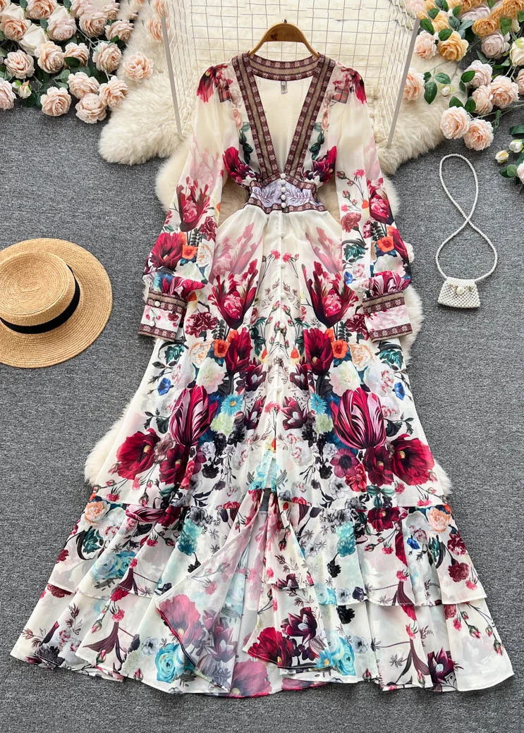 Women's V-neck Printed Elastic Waist Chiffon Long Skirt Spring