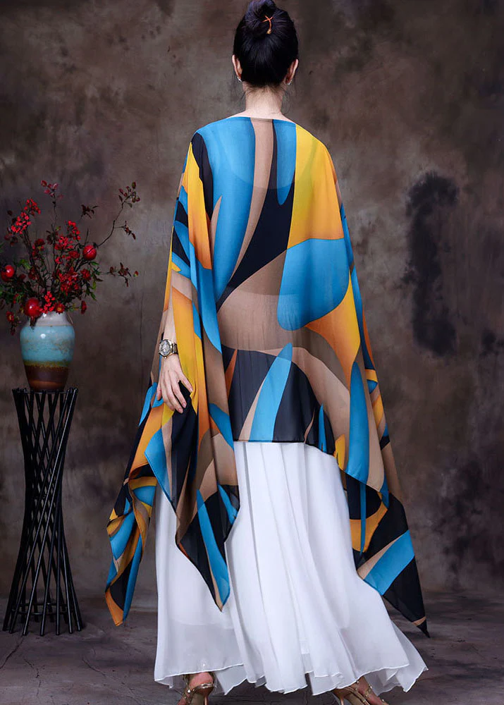 Blue Asymmetric Design Printed Chiffon Top Bat Sleeve