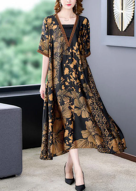 Women's Plus Size Black V-Neck Printed Oversized Hem Silk Dress
