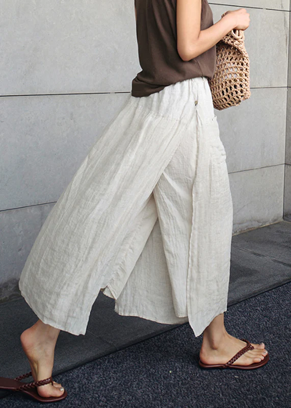 Black Side Split Linen Pant Skirt Summer
