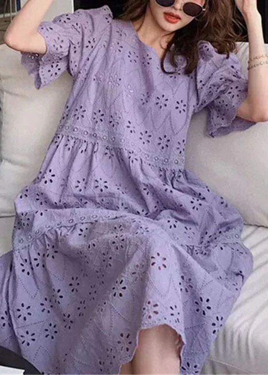 Embroidered Cutout Cotton Bubble Sleeve Dress