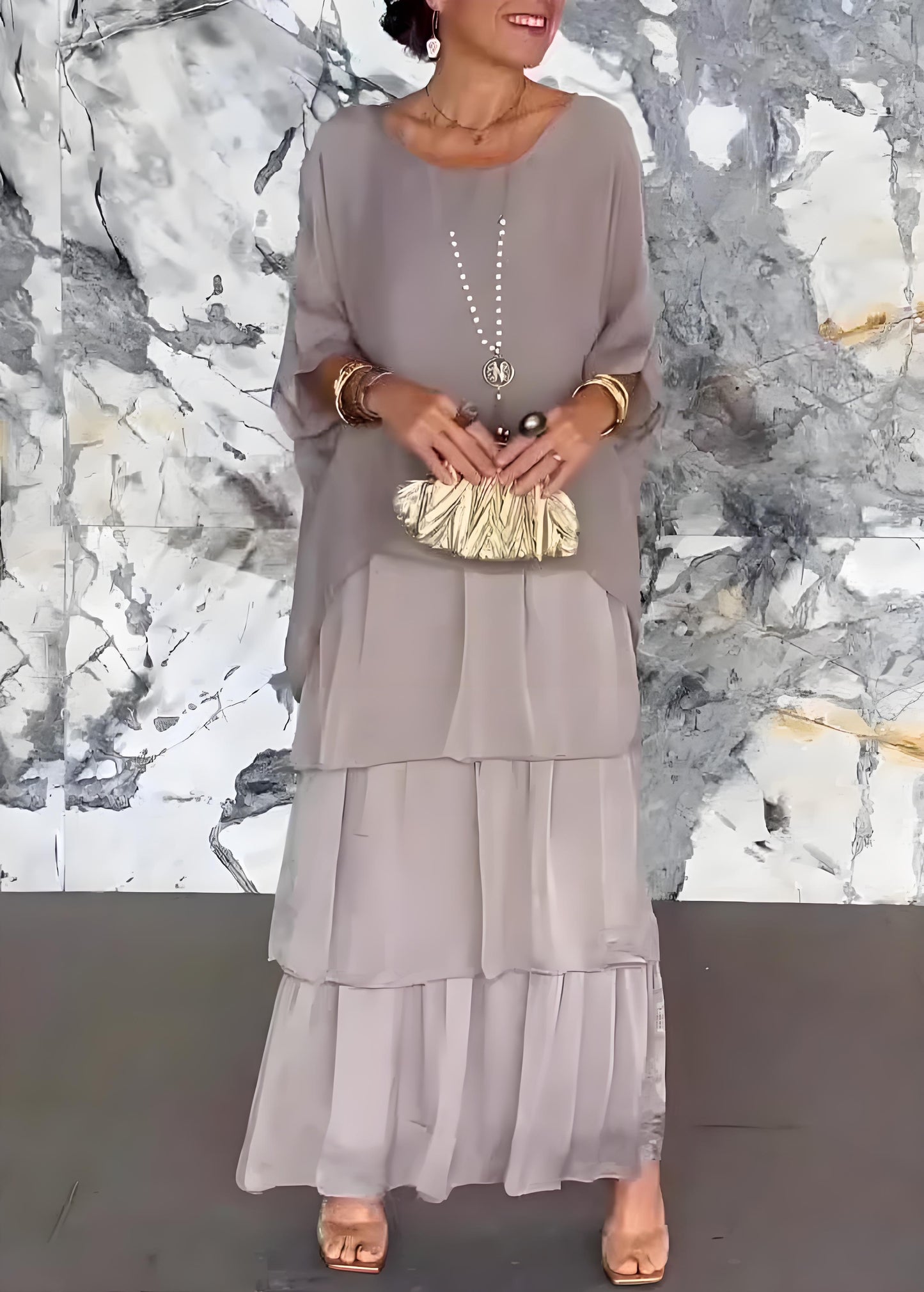 Women's Gray O Neck Long Half Sleeve Dress