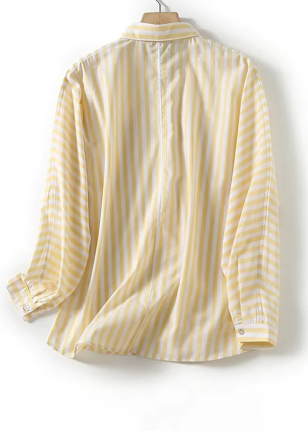 French Collar Striped Pocket Cotton Shirt Long Sleeve Top