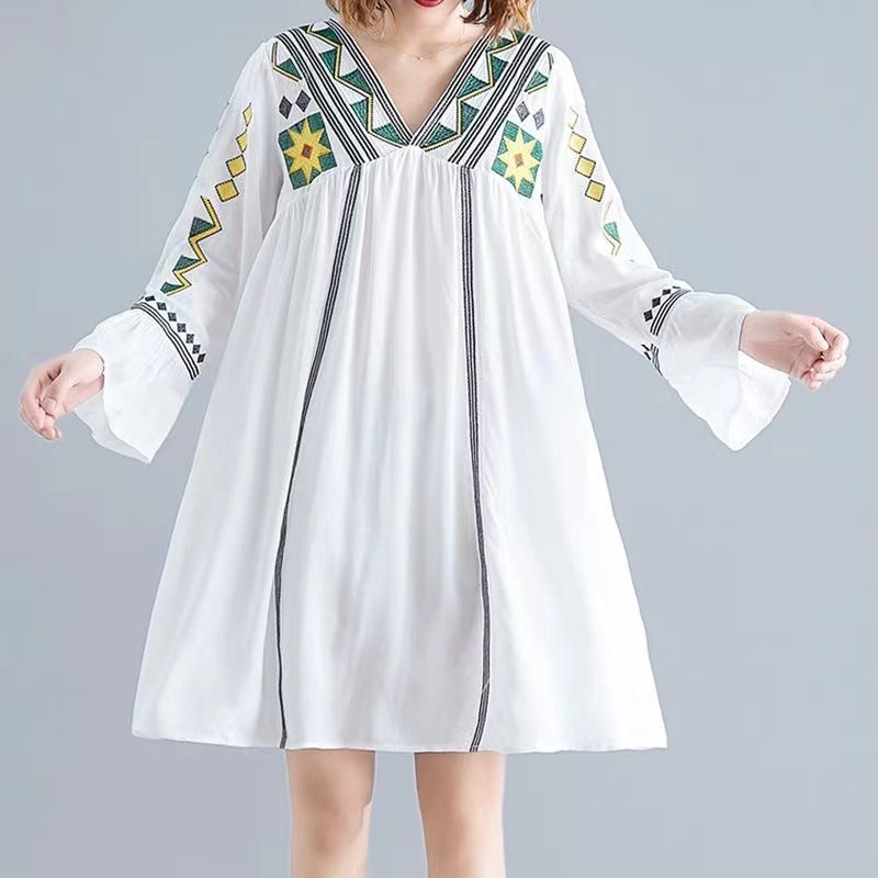 Bohemian V-Neck Embroidered Beach Long Sleeve Dress