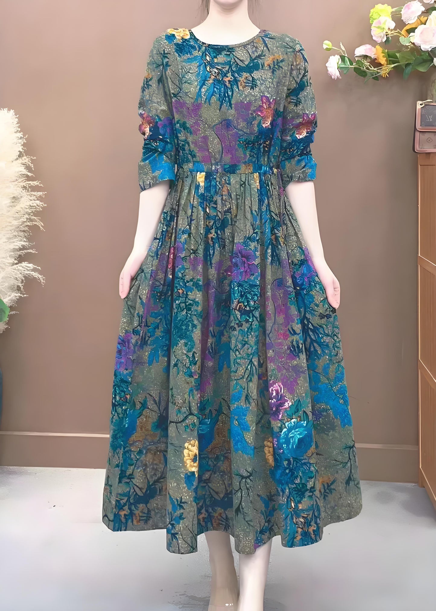 Women's Plus Size Blue O Neck Printed Pocket Cotton Half Sleeve Dress Spring