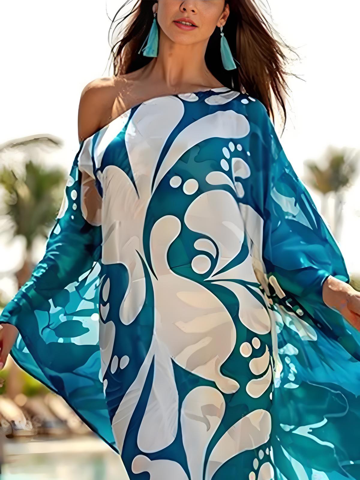 Women's Color Clash Printed Slit Batwing Sleeve One Shoulder Long Dress Summer