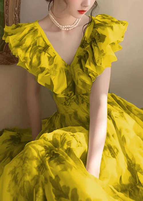 Women's Italian Yellow V-Neck Printed High Waist Sleeveless Dress Spring Summer