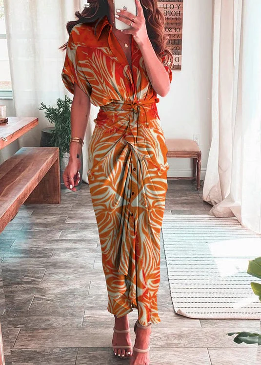 Elegant Lantern Sleeve Tie Slit Short Sleeve Dress