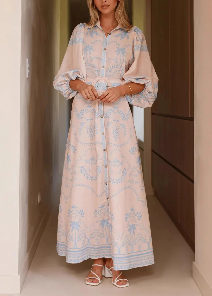 Blue Printed Lantern Sleeve Long Dress