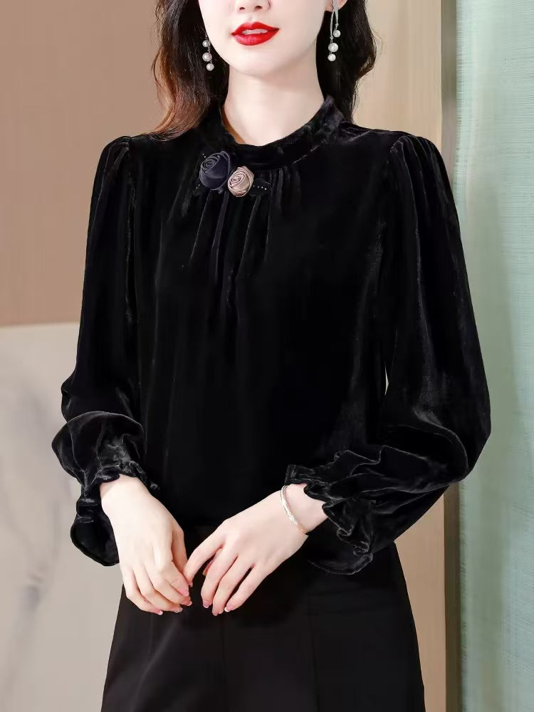 Women's Loose Gingham Floral Long Sleeve Top