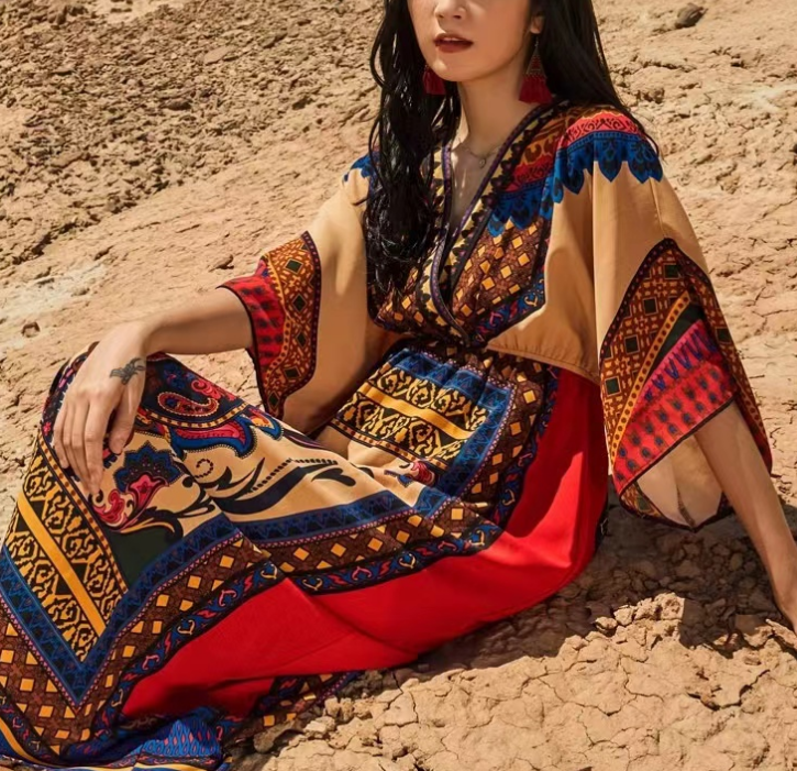 Bohemian V-Neck Printed Beach Short Sleeve Dress