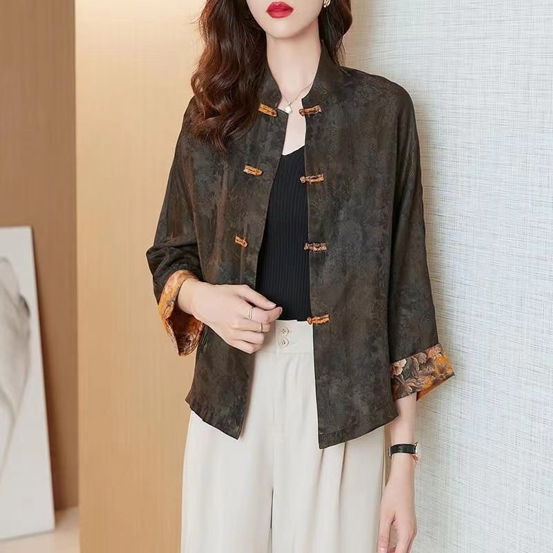 Fashion Standing Collar Printed Button Side Opening Silk Long Sleeve Coat