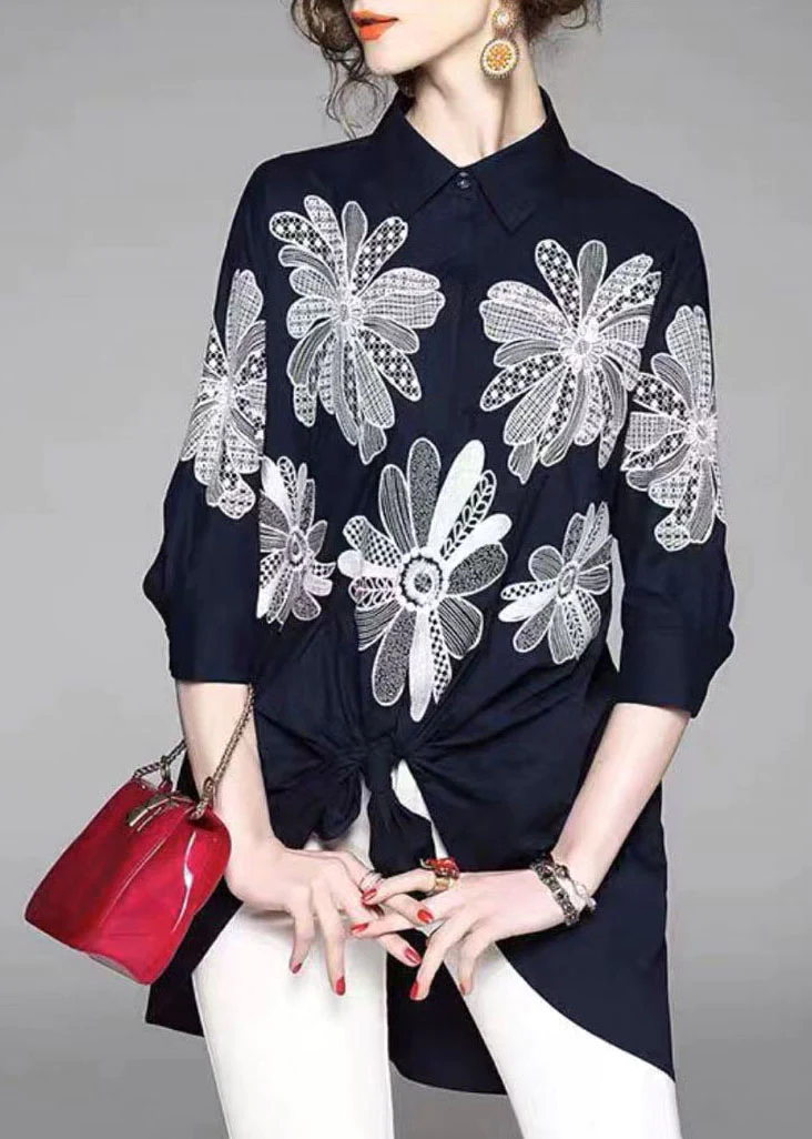 French Pan Collar Embroidery Asymmetric Design Cotton Long Shirt Half Sleeve Top