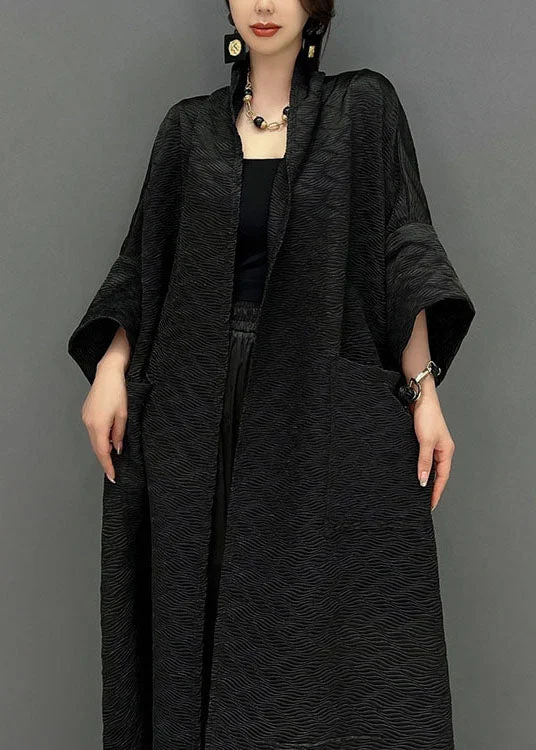 Italian Black Large Pocket Jacquard Silk Trench Coat Spring