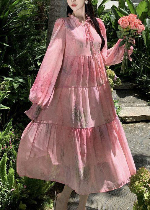 Women's Original Pink Ruffle Tie Splicing Chiffon Long Sleeve Dress Party