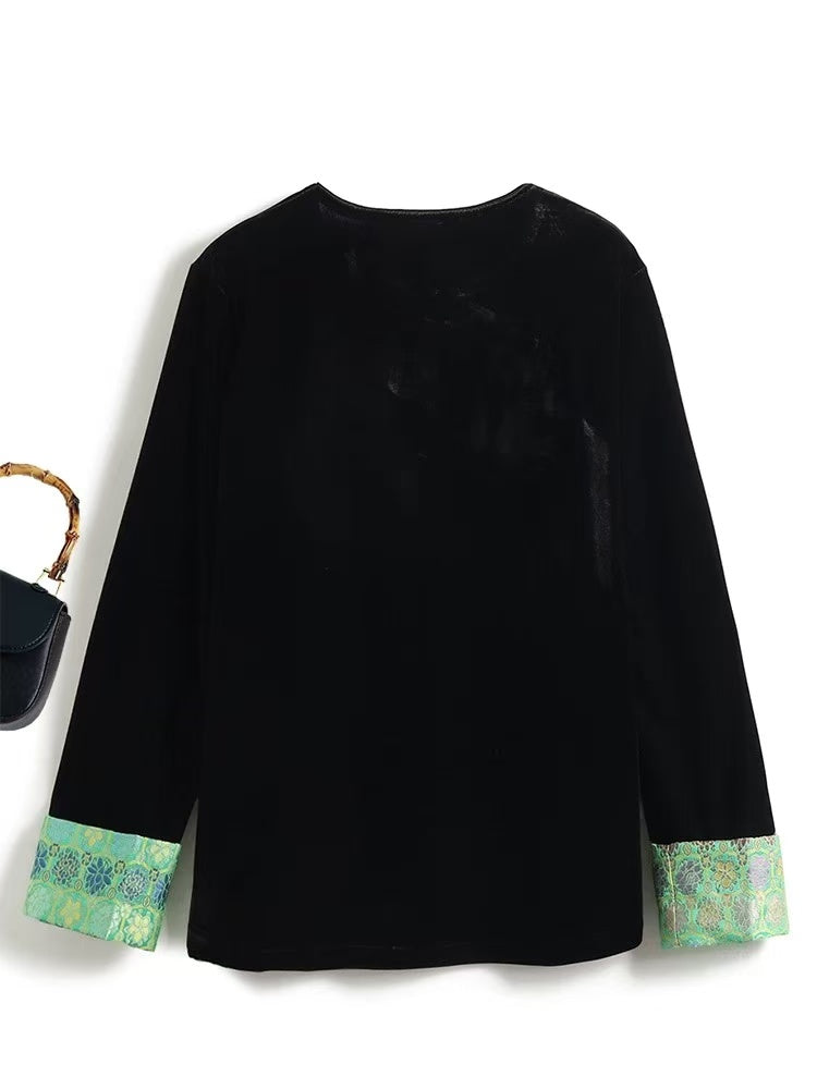 Women's Loose Asymmetric Velvet Patchwork Long Sleeve Top