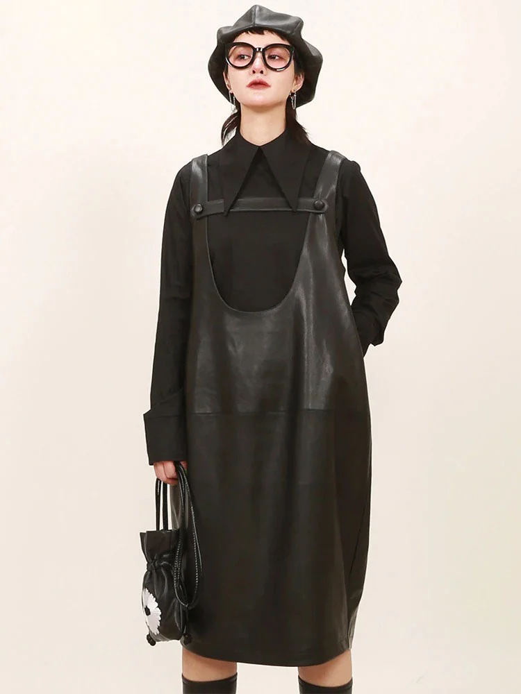 Women's loose U-neck spliced imitation leather suspender dress