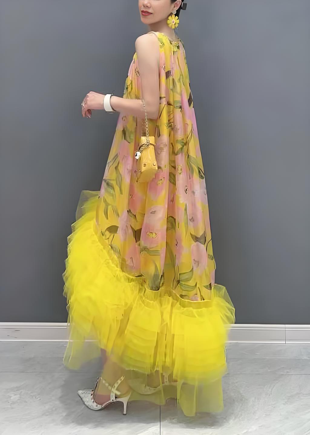 Women's Yellow Printed Ruffle Tulle Patchwork Sleeveless Dress