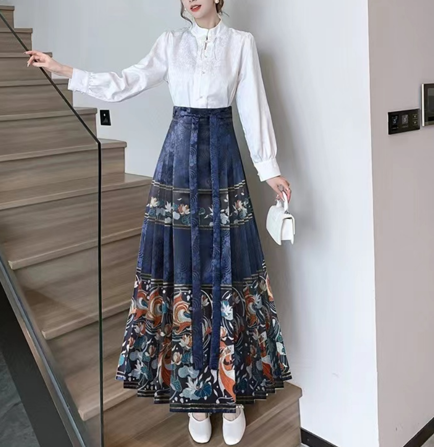 Women's Vintage High Waist Pleated Printed Strappy Skirt