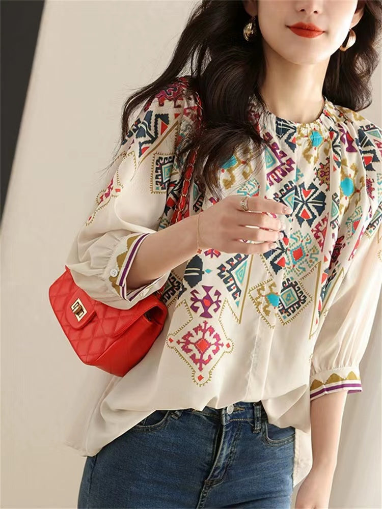 Vintage Geometric Print Silk Short Sleeve Prints