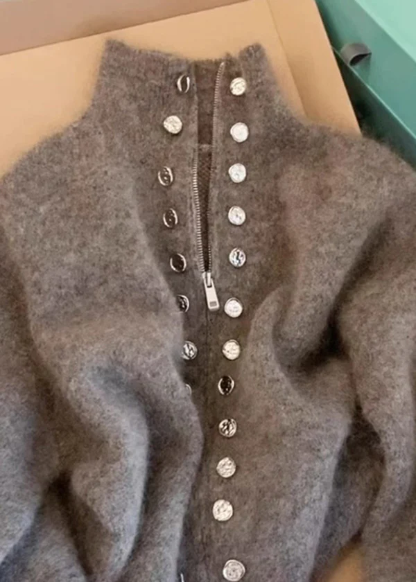 Fine Gray High Neck Zipper Wool Knit Cardigan