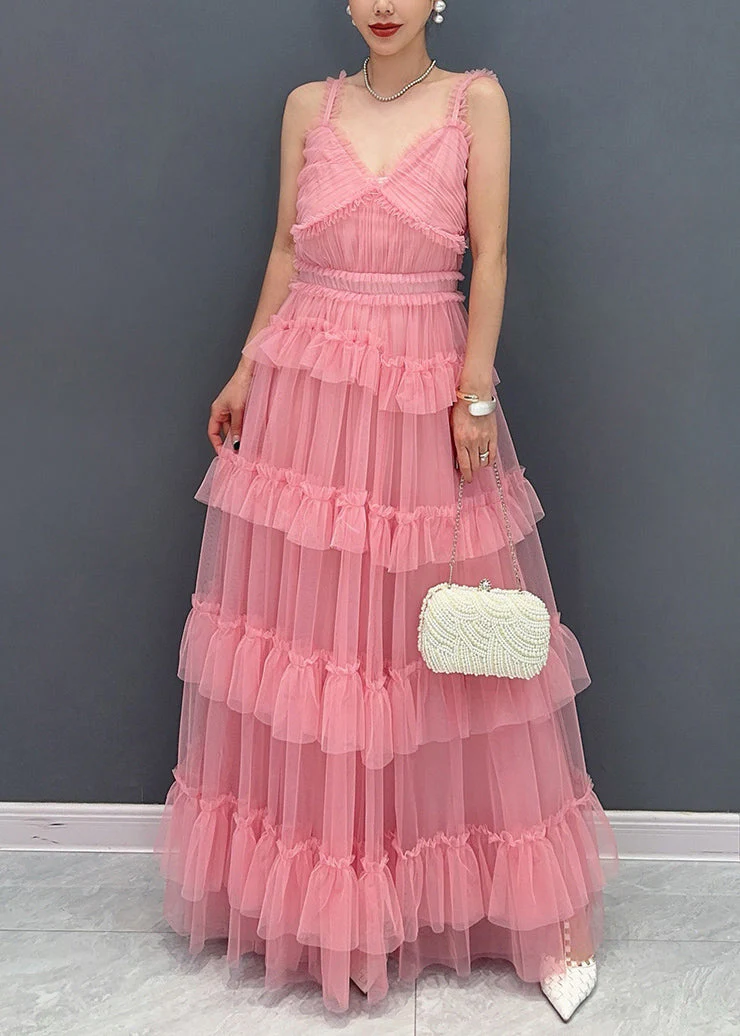 Italian Pink Ruffle Tulle Spaghetti Strap Long Dress