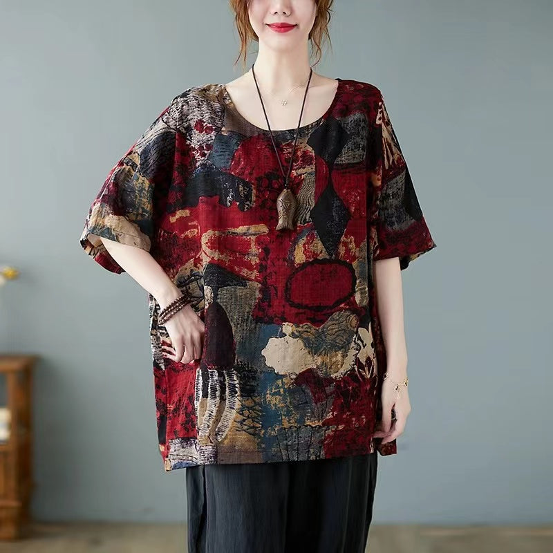 Casual Printed Round Neck Cotton Short Sleeve T-Shirt