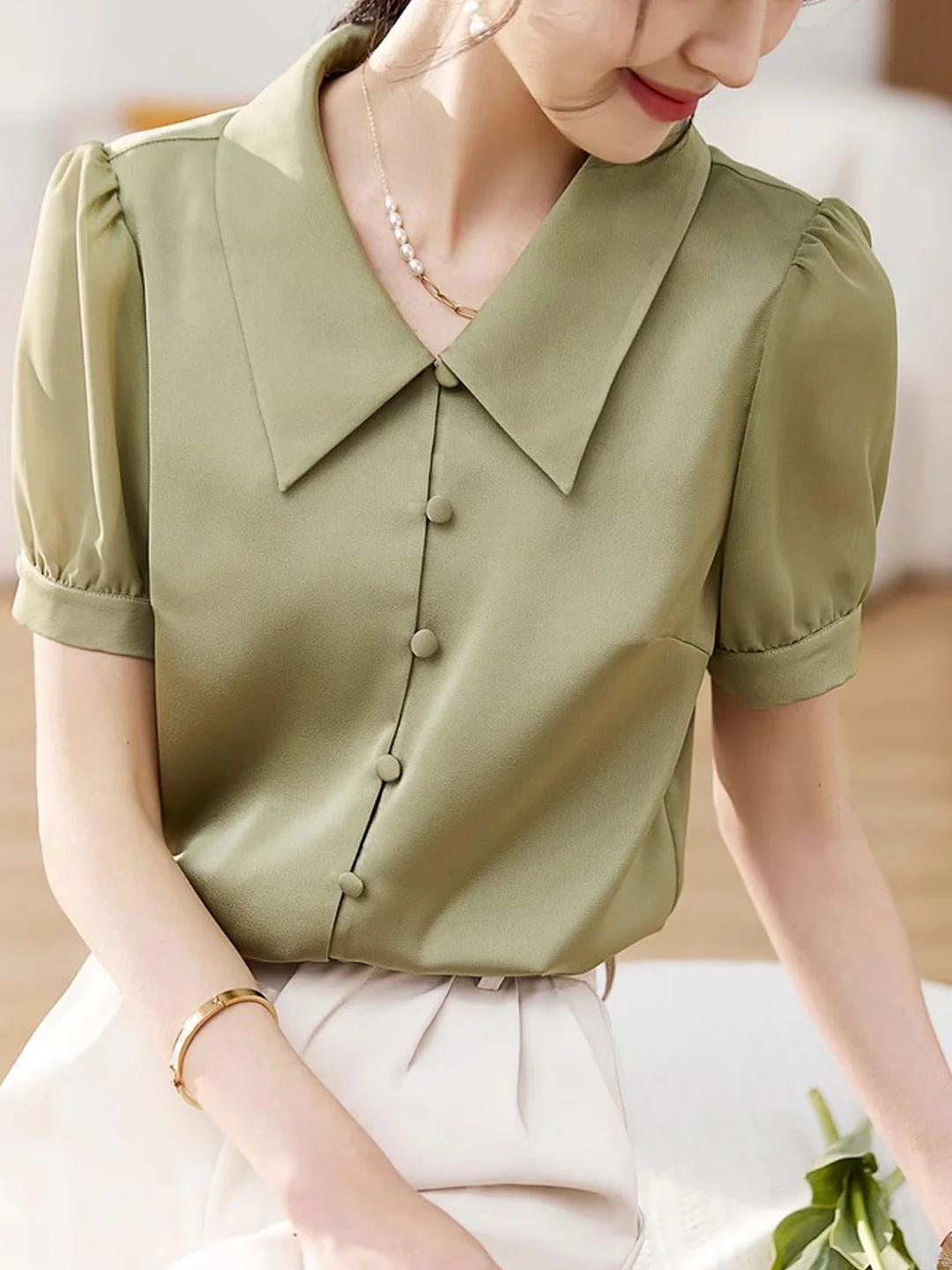 Elegant Lapel Bubble Sleeve Satin Short Sleeve Blouse Top