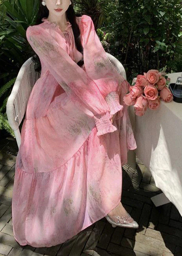 Women's Original Pink Ruffle Tie Splicing Chiffon Long Sleeve Dress Party