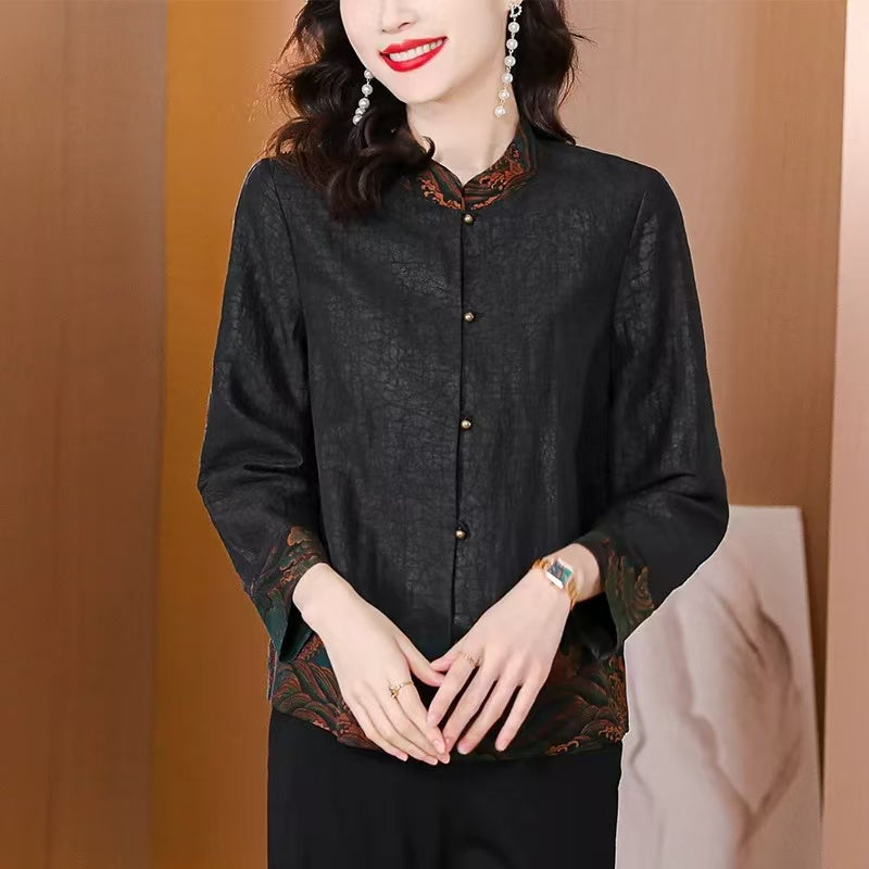 Chinese Style Standing Collar Printed Patchwork Button Silk Shirt Long Sleeve