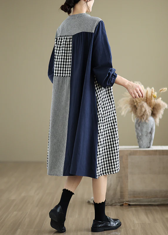 Round neck lace patchwork plaid maxi dress