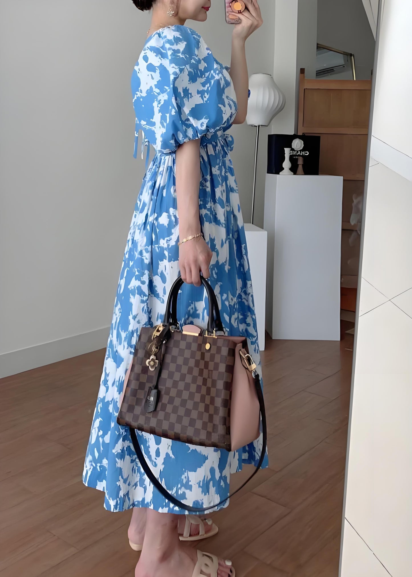 Women's Italian Blue Tie Waist Cotton Long Dress Square Neck Bubble Sleeve Spring