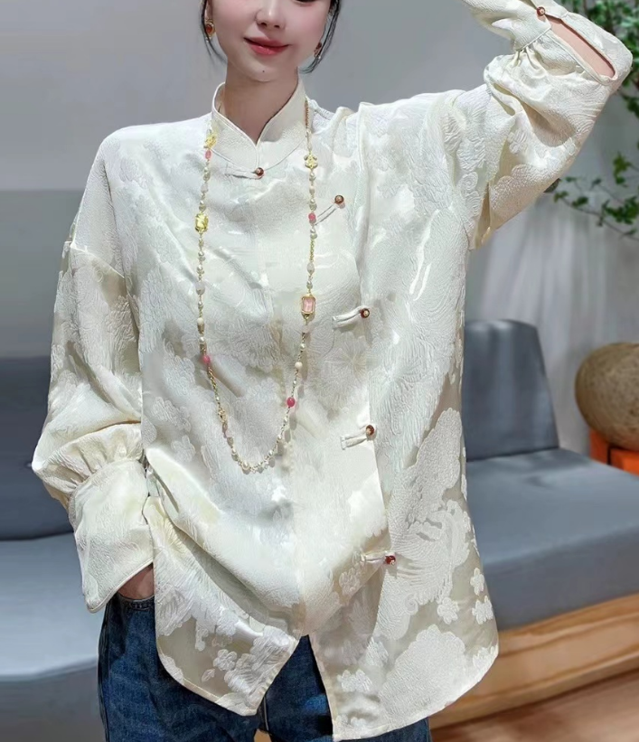 Chinese Standing Collar Button Wrap Silk Jacquard Blouse