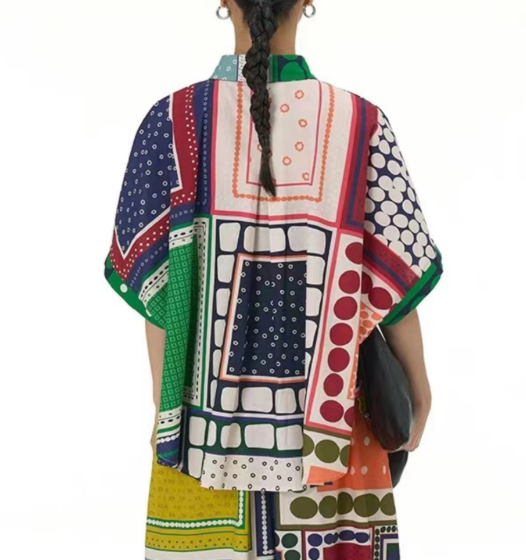 Fashion Geometric Print Lapel Short Sleeve Shirt Top