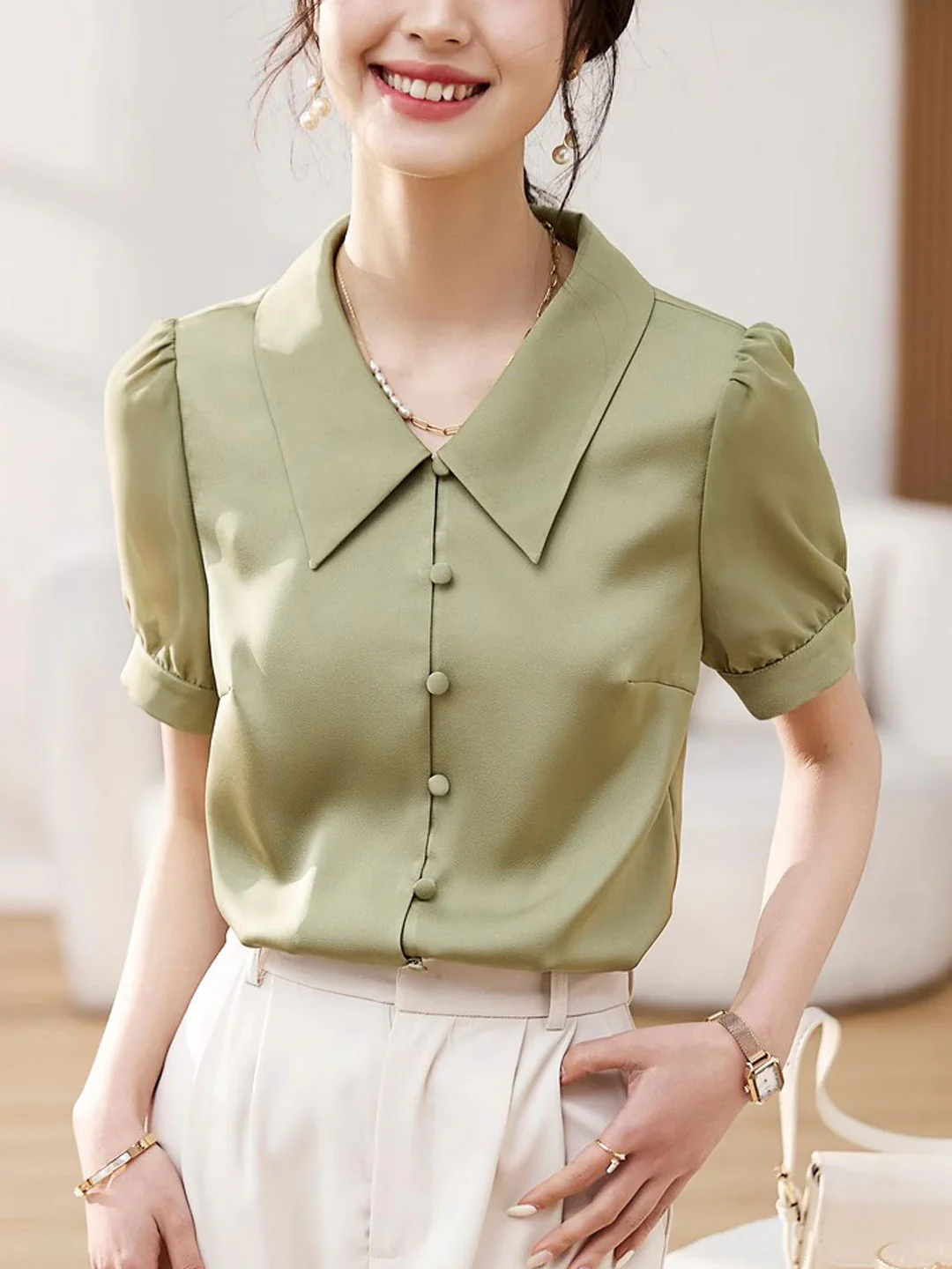 Elegant Lapel Bubble Sleeve Satin Short Sleeve Blouse Top