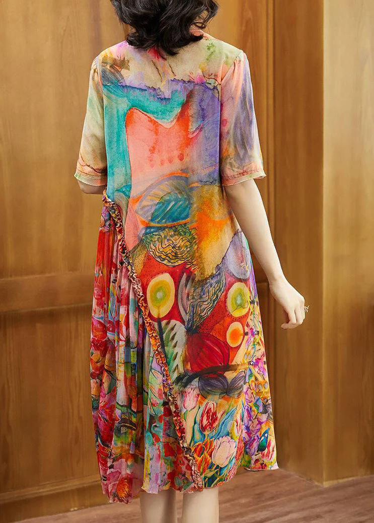 Collar Printed Crinkle Silk Long Dress Short Sleeve