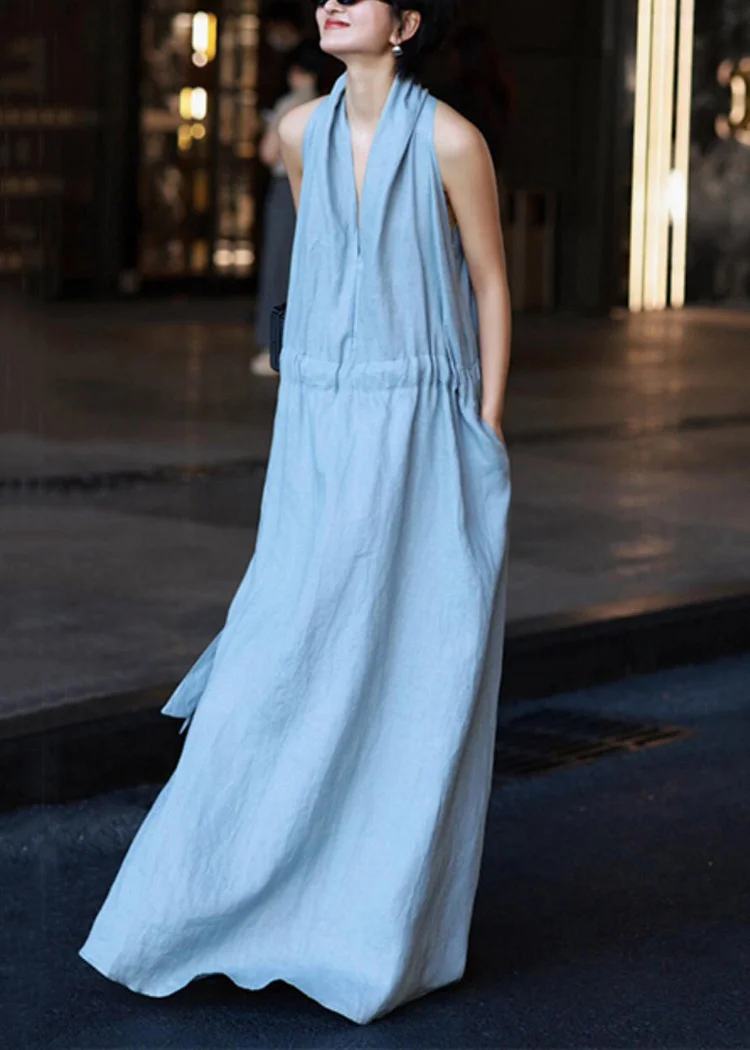 Light Blue Pocket Tie Waist Solid Color Linen Robe Sleeveless Dress