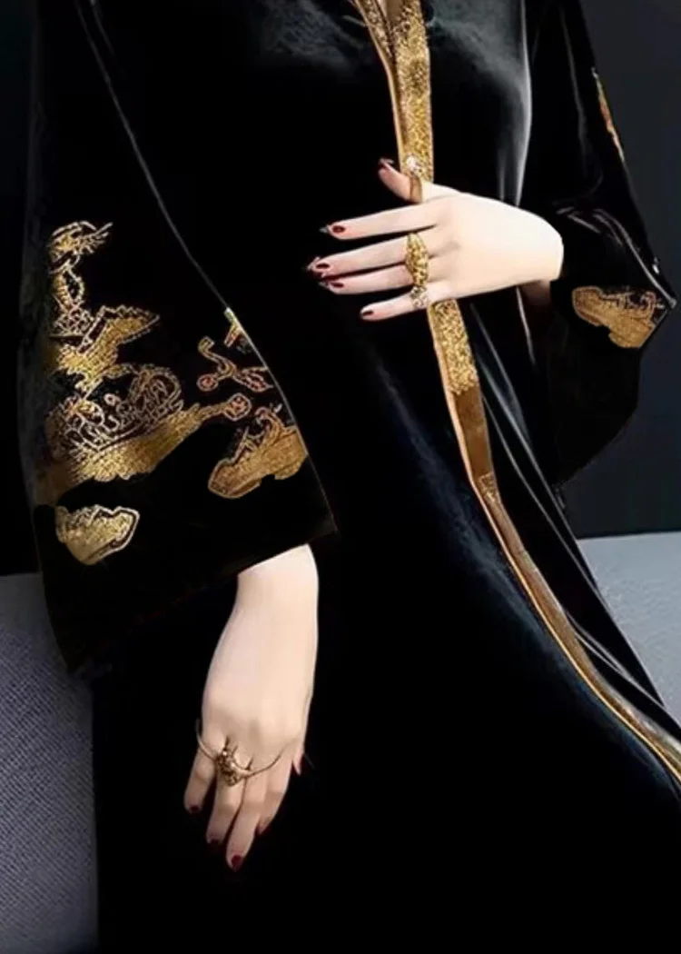 Vintage V-Neck Printed Patchwork Velvet Long Dress