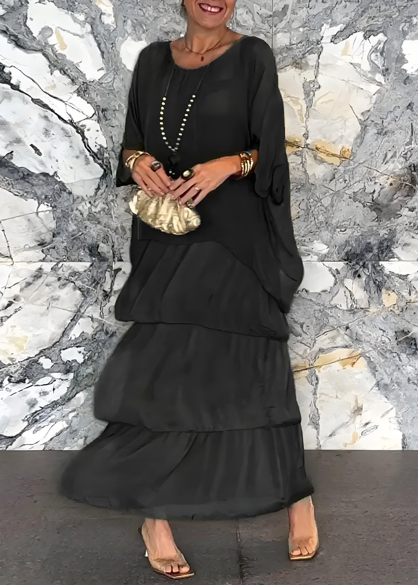 Women's Gray O Neck Long Half Sleeve Dress