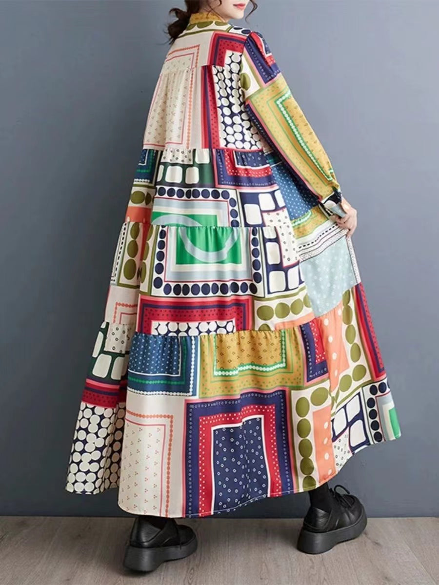 Stylish Geometric Print Long Sleeve Hem Dress