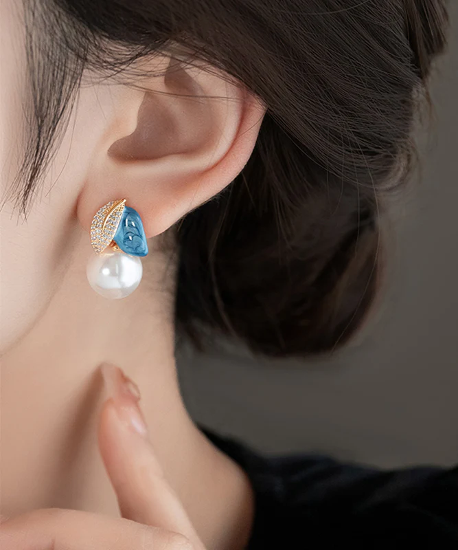Fine Blue Copper Zirconia Asymmetrical Pearl Enamel Drip Glaze Stud Earrings