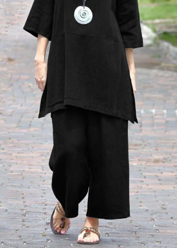 Caramel-colored round-neck side-opening cardigan and cropped pants two-piece set