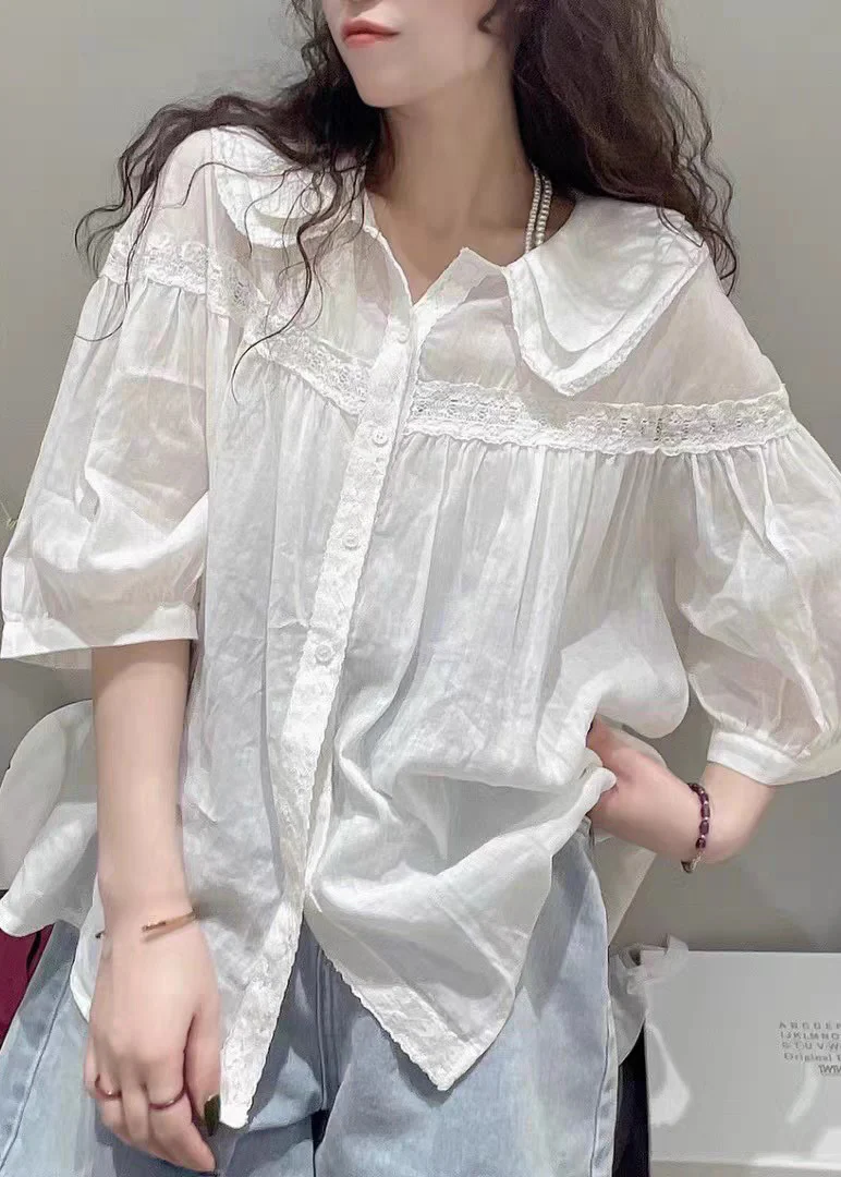 Oversized Peter Pan Collar Lace Cotton Short Sleeve Shirt