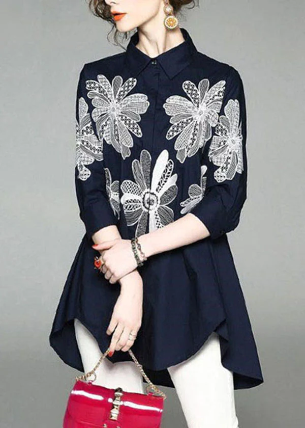 French Pan Collar Embroidery Asymmetric Design Cotton Long Shirt Half Sleeve Top