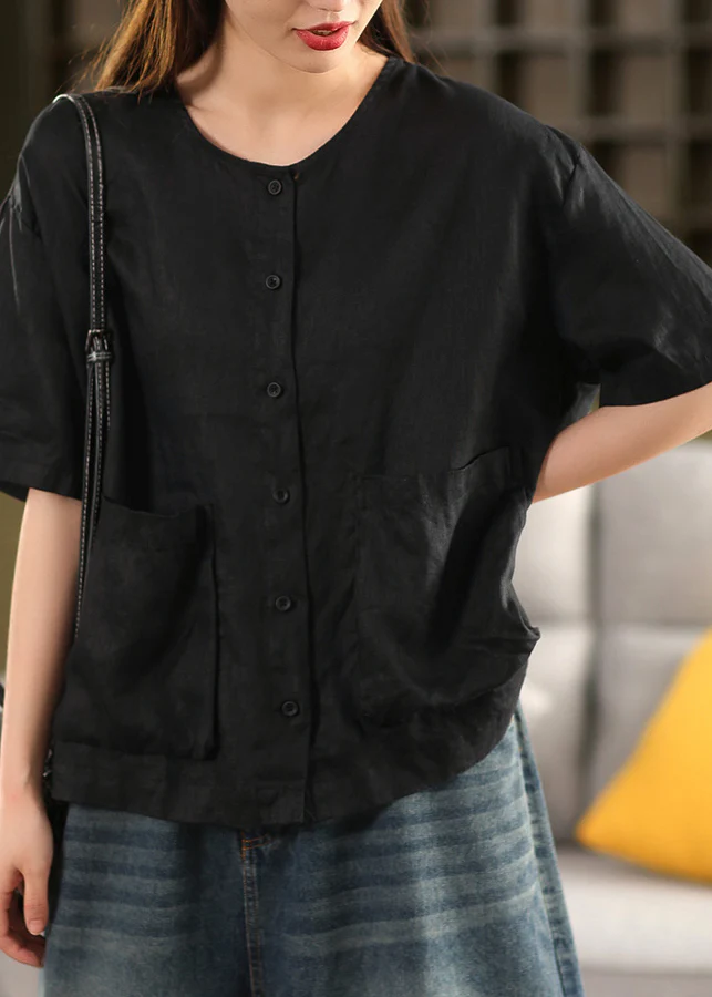 Round Neck Button Pocket Linen Shirt Top Yellow