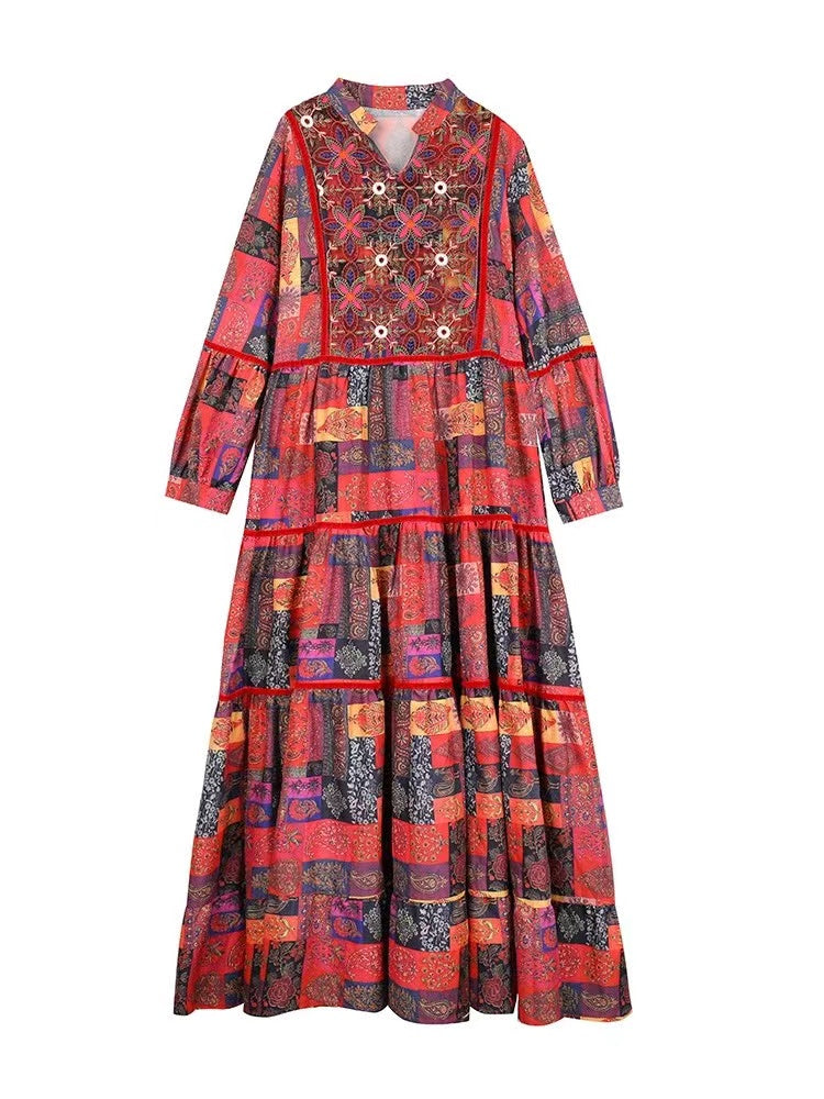 Bohemian V-Neck Printed Beach Long Sleeve Long Dresses