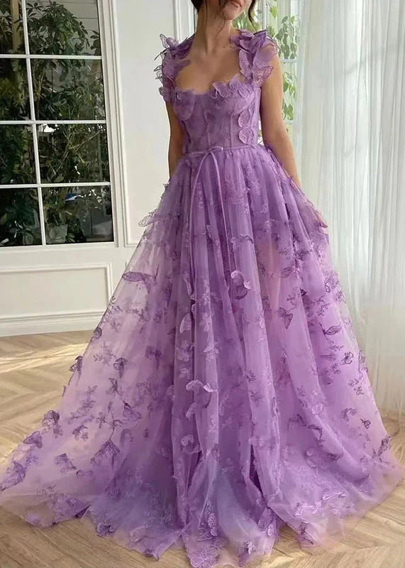 Women's Party Green Butterfly Side Split Tulle Sleeveless Long Dresses