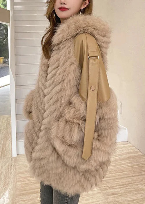 Hooded Pocket Patchwork Leather and Fur Coat