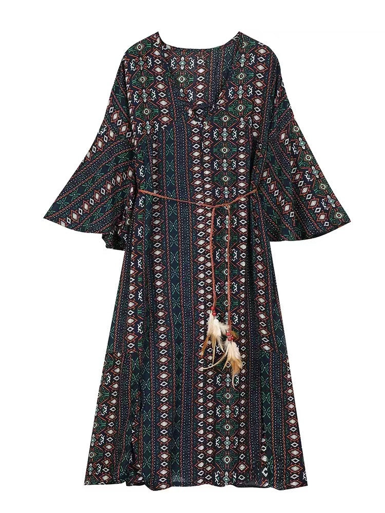 Bohemian V-Neck Printed Beach Short Sleeve Dress
